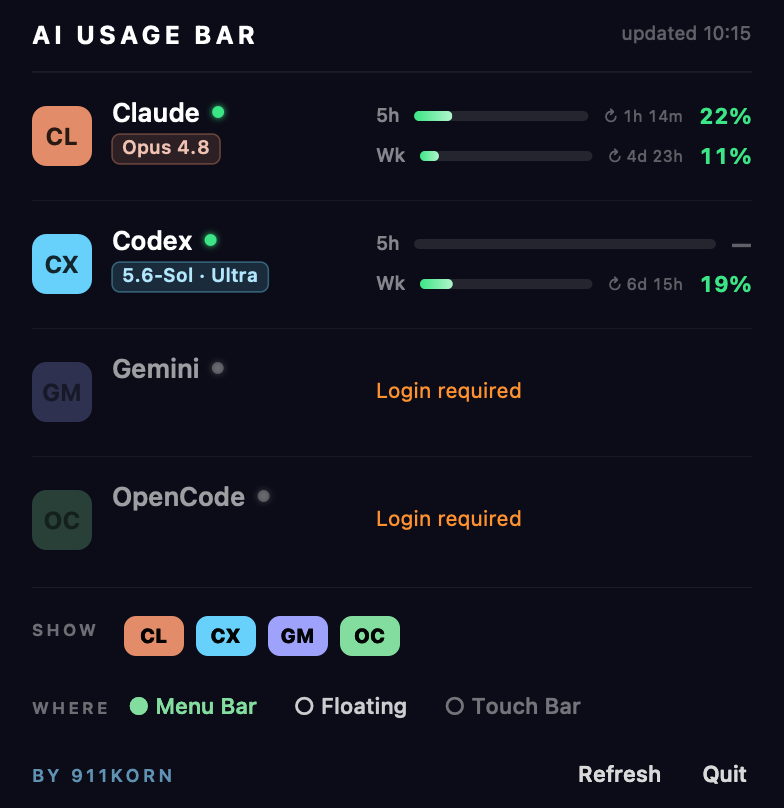 AI Usage Bar panel showing Claude, Codex, Gemini and OpenCode usage